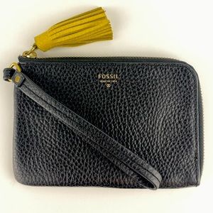 Fossil Leather Wristlet Tara Card Holder Wallet Pouch Yellow Tassel Clutch